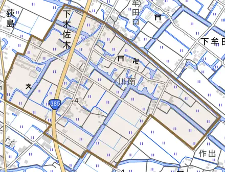 大字下木佐木とその周辺の地図。町の範囲を重ねている
