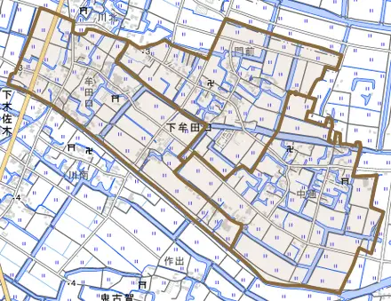 大字下牟田口とその周辺の地図。町の範囲を重ねている