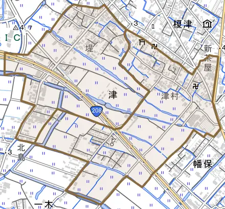 大字津とその周辺の地図。町の範囲を重ねている