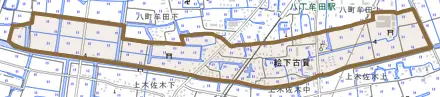 大字絵下古賀とその周辺の地図。町の範囲を重ねている
