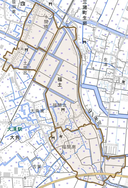 大字福土とその周辺の地図。町の範囲を重ねている