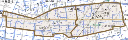 大字八町牟田とその周辺の地図。町の範囲を重ねている