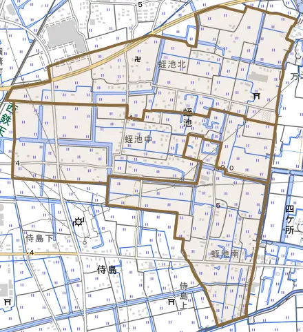 大字蛭池とその周辺の地図。町の範囲を重ねている