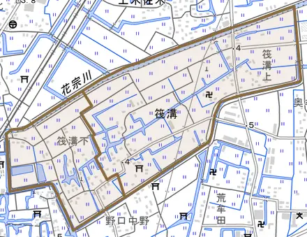 大字筏溝とその周辺の地図。町の範囲を重ねている