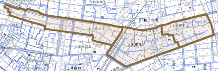 大字上木佐木とその周辺の地図。町の範囲を重ねている