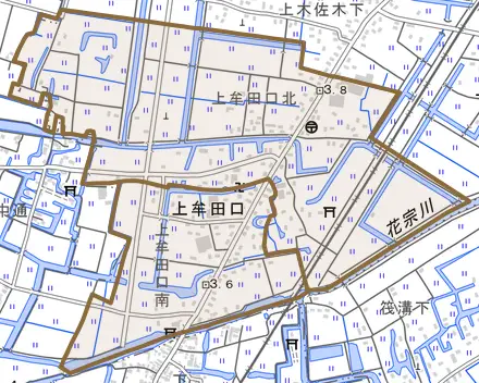大字上牟田口とその周辺の地図。町の範囲を重ねている