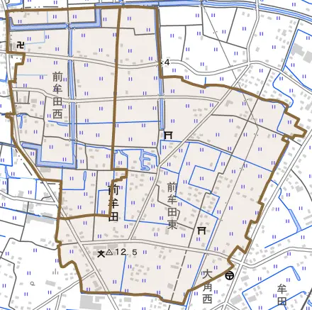 大字前牟田とその周辺の地図。町の範囲を重ねている