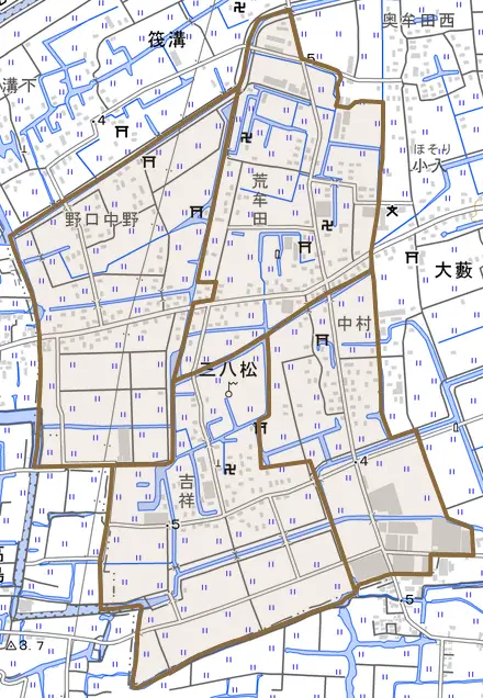 大字三八松とその周辺の地図。町の範囲を重ねている