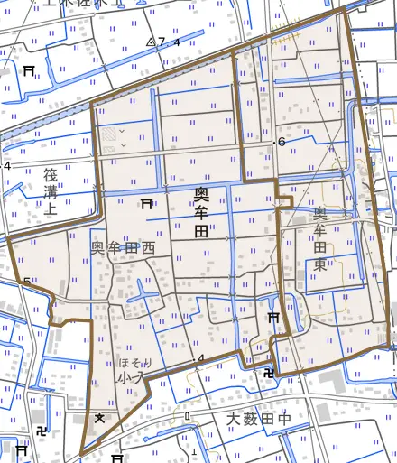 大字奥牟田とその周辺の地図。町の範囲を重ねている