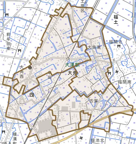 大字大角とその周辺の地図。町の範囲を重ねている