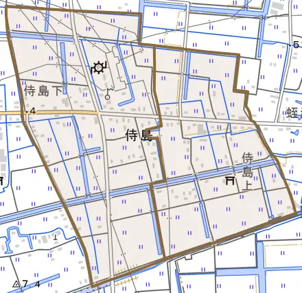 大字侍島とその周辺の地図。町の範囲を重ねている