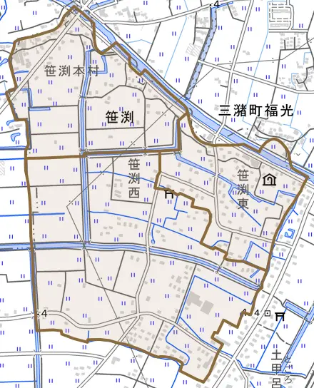 大字笹渕とその周辺の地図。町の範囲を重ねている