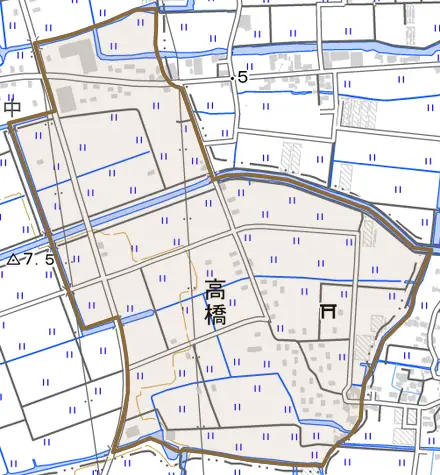 大字高橋とその周辺の地図。町の範囲を重ねている