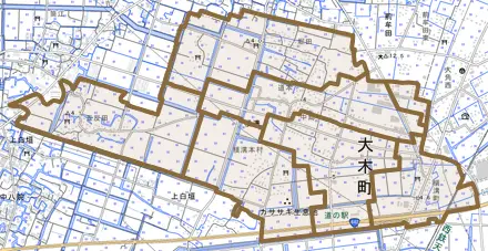 大字横溝とその周辺の地図。町の範囲を重ねている