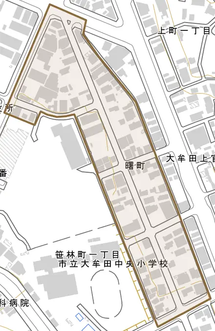 曙町とその周辺の地図。町の範囲を重ねている