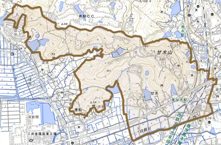 大字甘木とその周辺の地図。町の範囲を重ねている