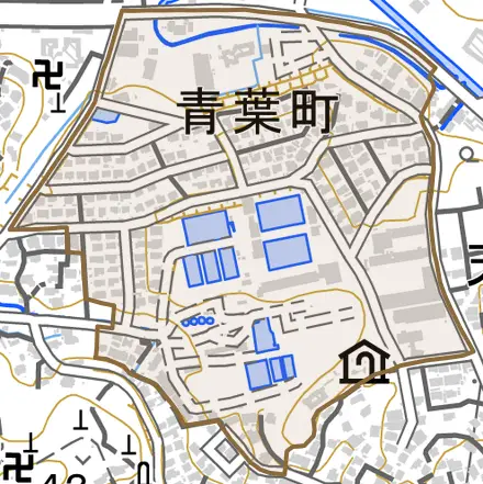 青葉町とその周辺の地図。町の範囲を重ねている