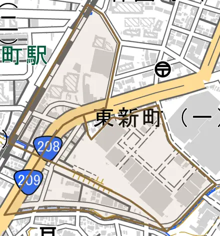 旭町とその周辺の地図。町の範囲を重ねている