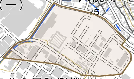 浅牟田町とその周辺の地図。町の範囲を重ねている