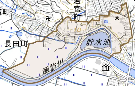 馬場町とその周辺の地図。町の範囲を重ねている