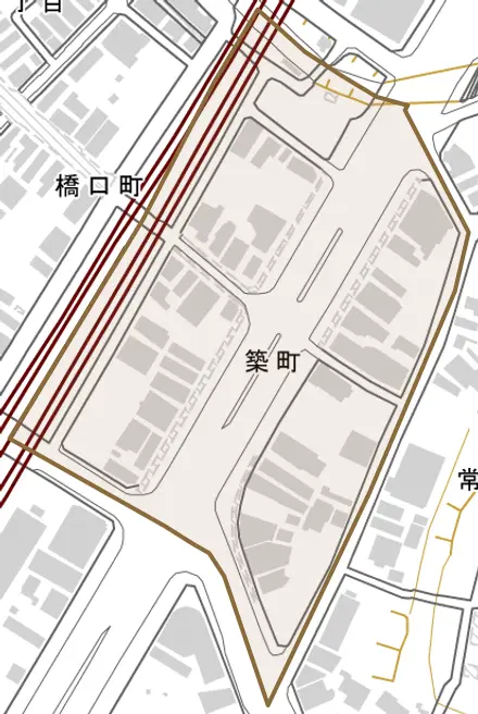 築町とその周辺の地図。町の範囲を重ねている