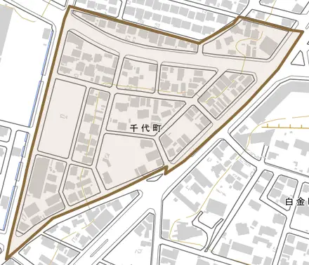 千代町とその周辺の地図。町の範囲を重ねている