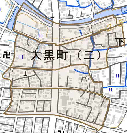 大黒町とその周辺の地図。町の範囲を重ねている