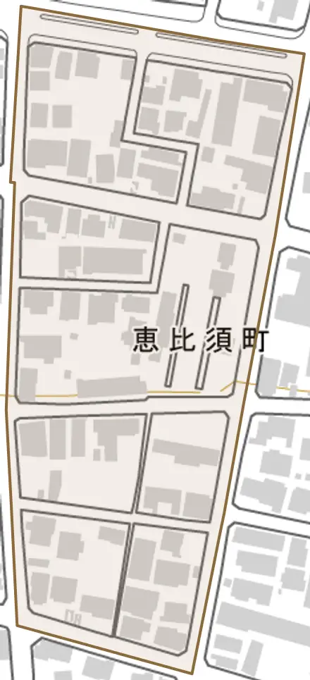 恵比須町とその周辺の地図。町の範囲を重ねている