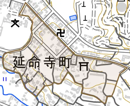 延命寺町とその周辺の地図。町の範囲を重ねている