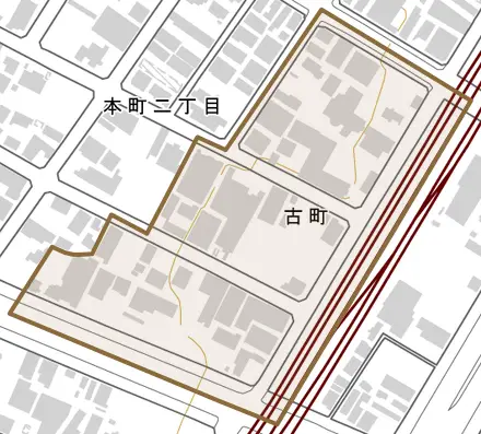 古町とその周辺の地図。町の範囲を重ねている