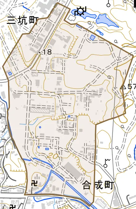 合成町とその周辺の地図。町の範囲を重ねている