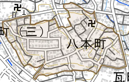 八本町とその周辺の地図。町の範囲を重ねている