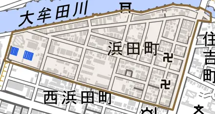 浜田町とその周辺の地図。町の範囲を重ねている