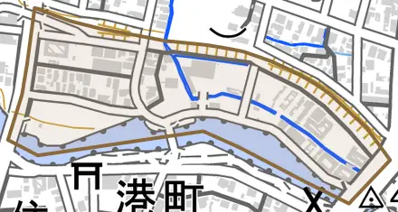 浜町とその周辺の地図。町の範囲を重ねている