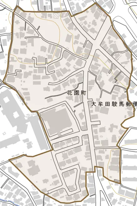 花園町とその周辺の地図。町の範囲を重ねている