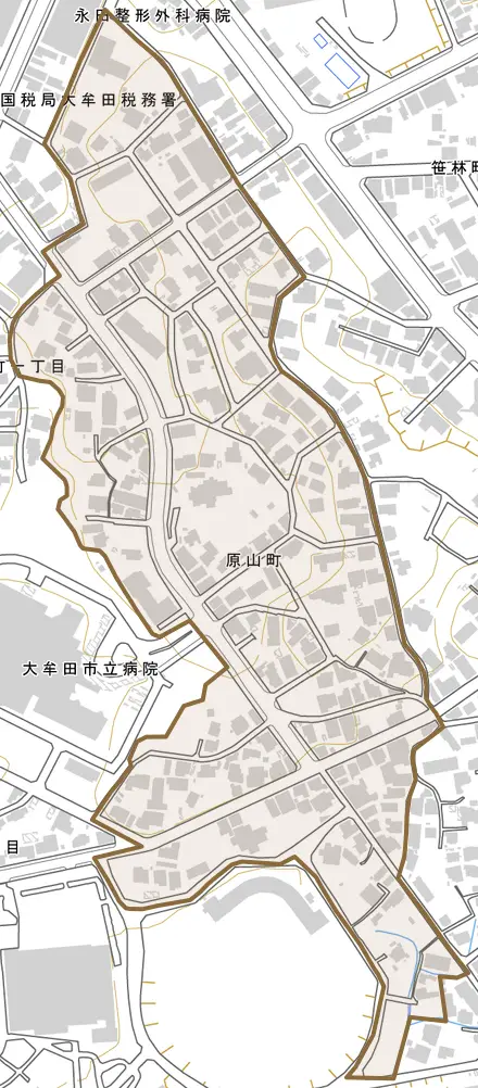 原山町とその周辺の地図。町の範囲を重ねている