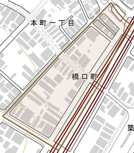 橋口町とその周辺の地図。町の範囲を重ねている