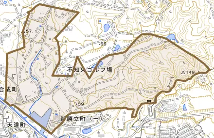 早鐘町とその周辺の地図。町の範囲を重ねている