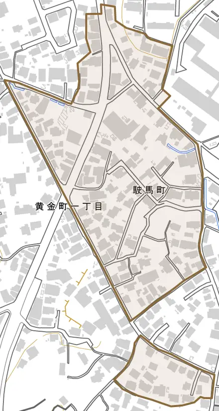 駛馬町とその周辺の地図。町の範囲を重ねている