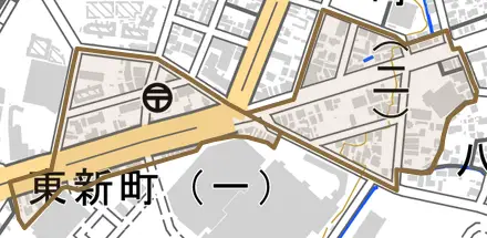 東新町とその周辺の地図。町の範囲を重ねている