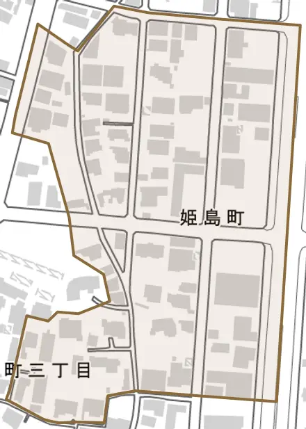 姫島町とその周辺の地図。町の範囲を重ねている