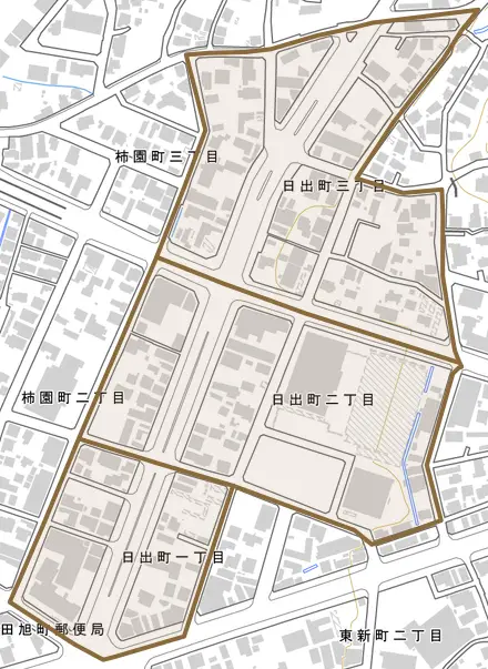 日出町とその周辺の地図。町の範囲を重ねている