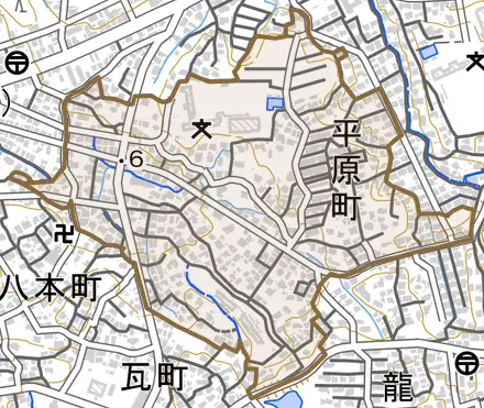 平原町とその周辺の地図。町の範囲を重ねている