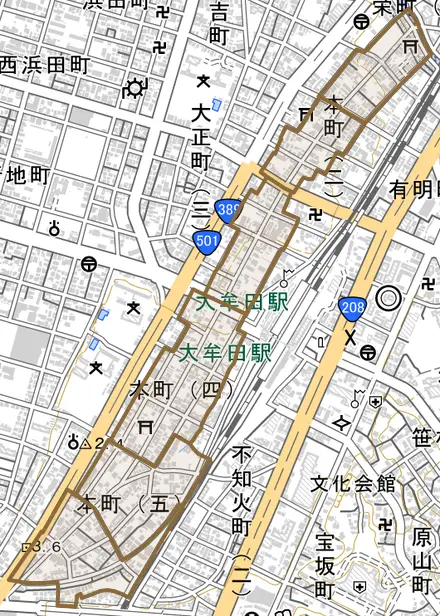 本町とその周辺の地図。町の範囲を重ねている