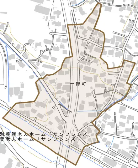 一部町とその周辺の地図。町の範囲を重ねている