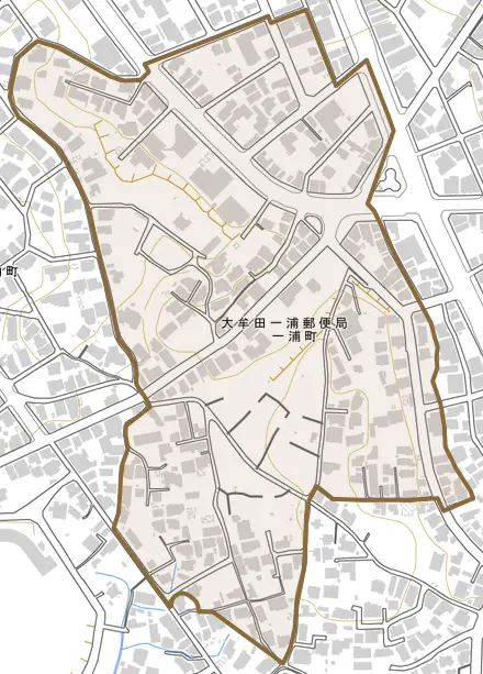 一浦町とその周辺の地図。町の範囲を重ねている