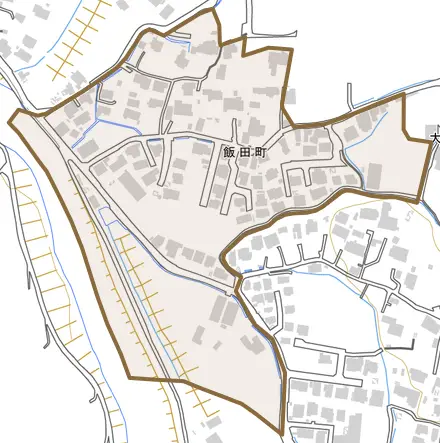 飯田町とその周辺の地図。町の範囲を重ねている