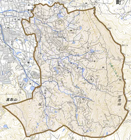 大字今山とその周辺の地図。町の範囲を重ねている