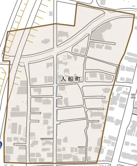 入船町とその周辺の地図。町の範囲を重ねている