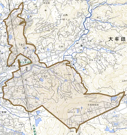 大字岩本とその周辺の地図。町の範囲を重ねている